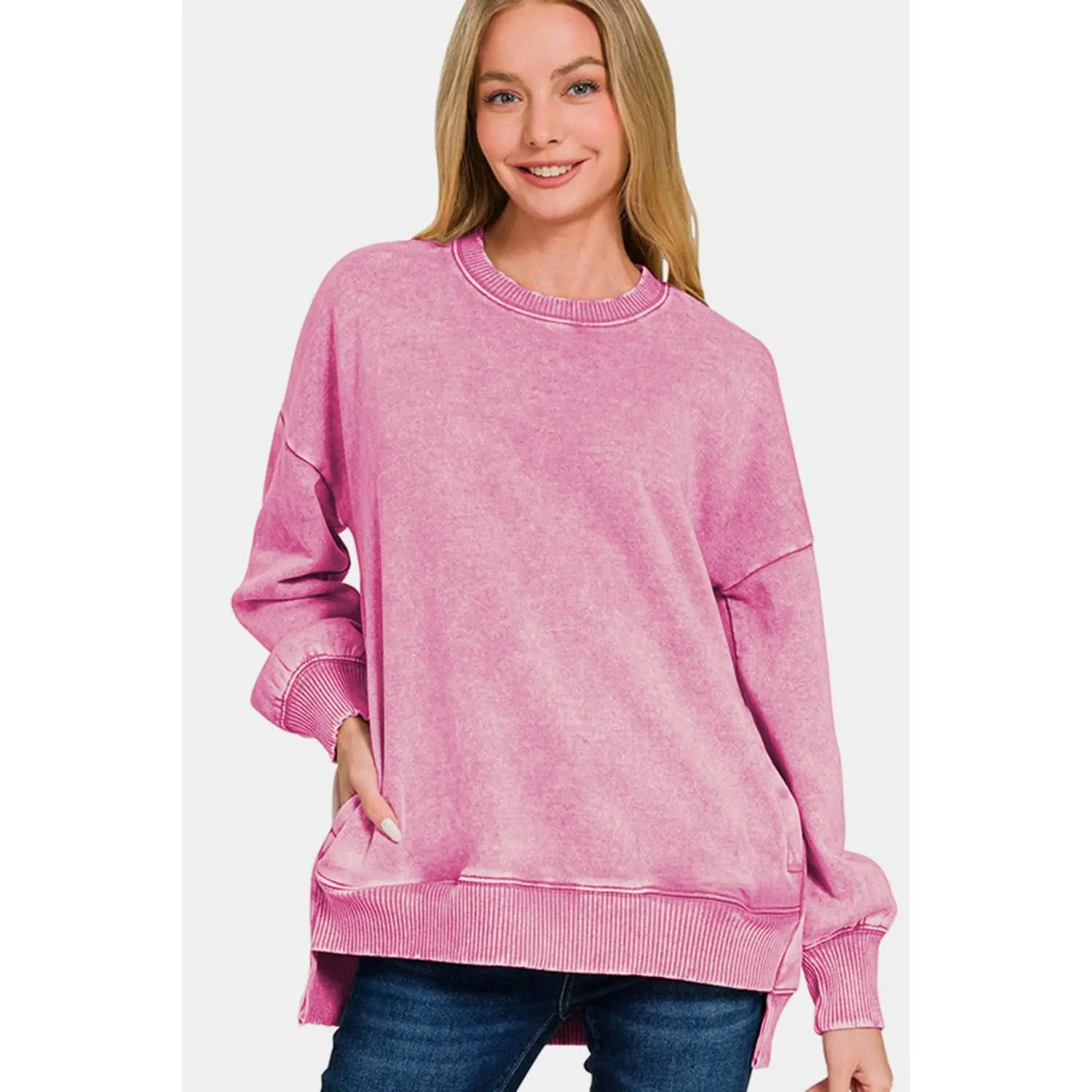 Zenana High-Low Acid Wash Fleece Sweatshirt