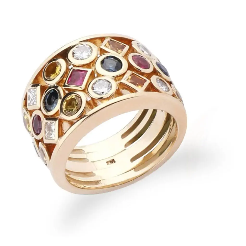 Multicolor Sapphire & Diamond Ring – 18k Yellow Gold
