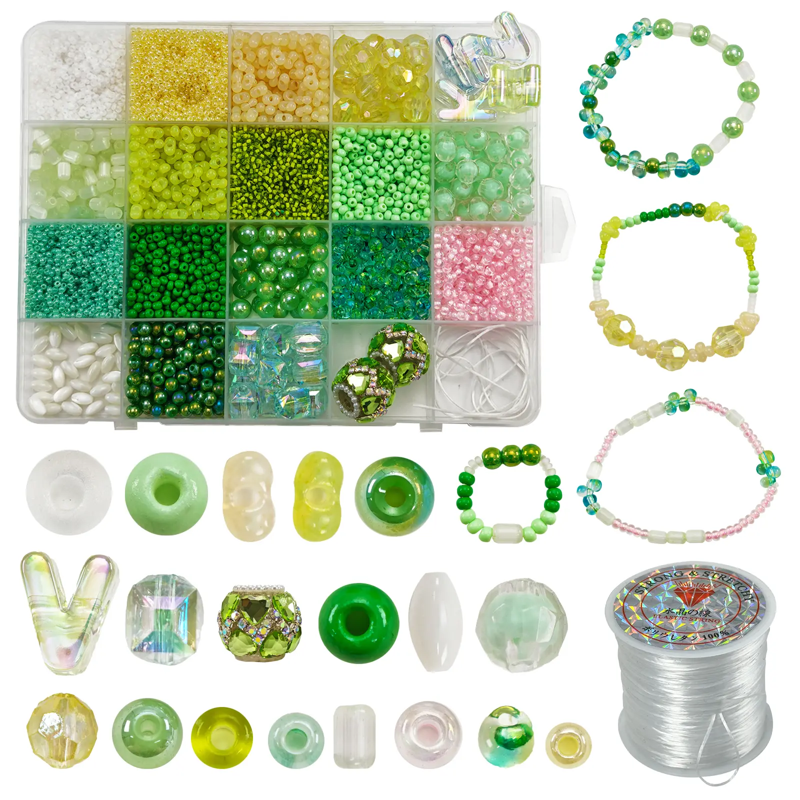 6814Pcs Multi Shape Green Yellow Seed Tube Crystal Beads Storage Box Set, Mixed Transparent Glass Beads With Elastic Cord DIY Craft Accessories For Handmade Bracelets, Necklaces, Bag Charms & Spring Handicraft Gifts