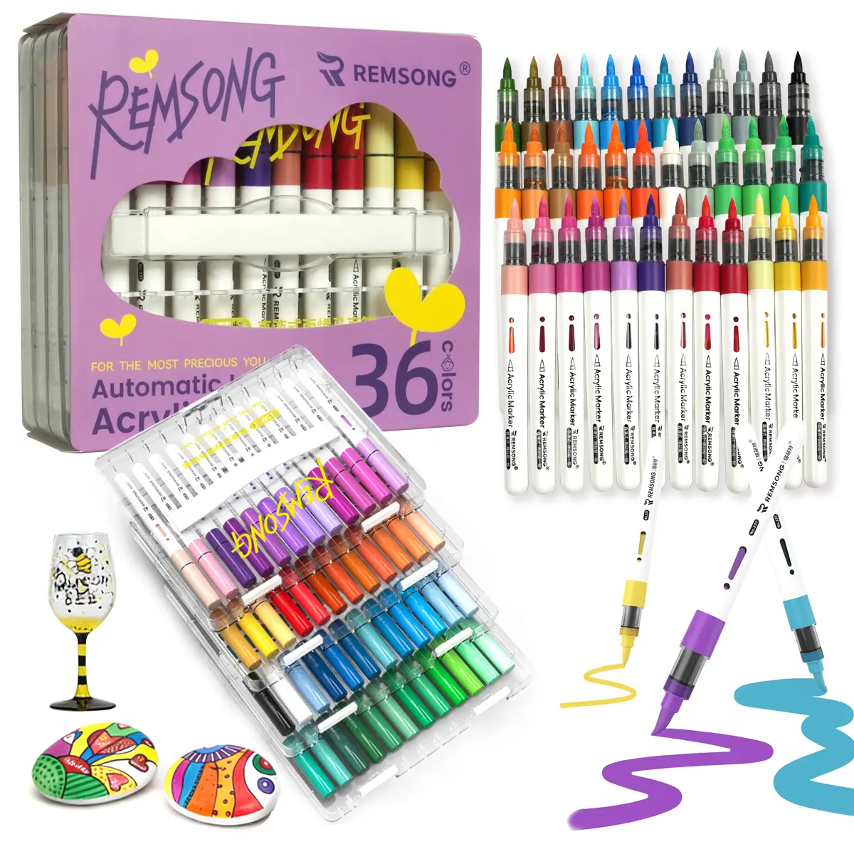 24/36 Shades Acrylic Marker Set - Clear Organizer Case,Quick Dry & Seamless Color Transition! Waterproof,ideal for rock painting, canvas drawing, wooden board decoration, egg tempera creation and various handmade crafts.