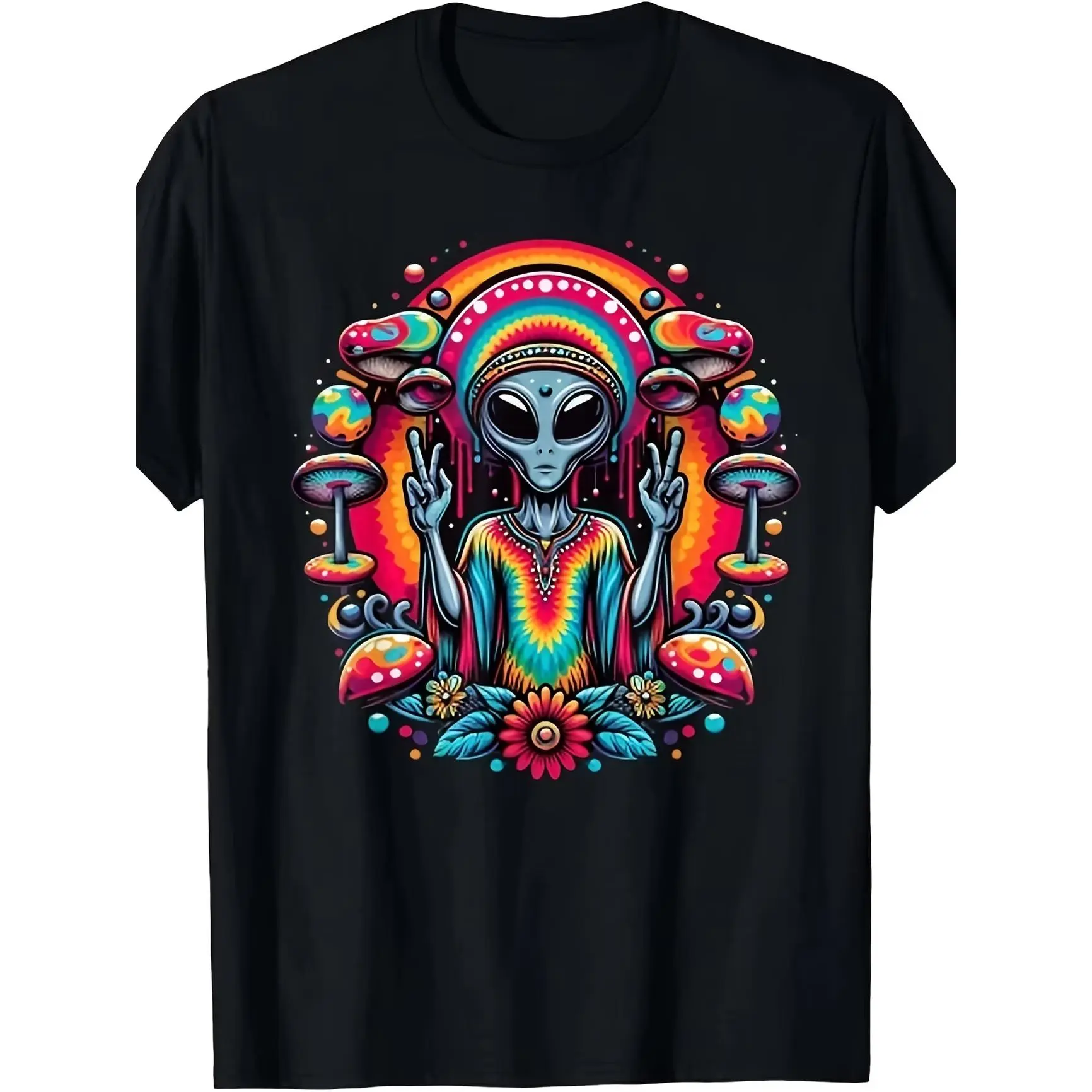 Oversized Psychedelic Alien Peace Sign-Mushroom Graphic Short-Sleeve T-Shirt, Trippy Tie-Dye Casual Activewear Top, Hippie Alien Fashion Outfit, Shortsleeve