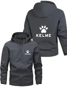 Men's Fashionable Kelme Logo Jacket, Casual Hooded Design, Zipper Pockets, Polyester Material, Spring & Fall Wear, Loose Fit
