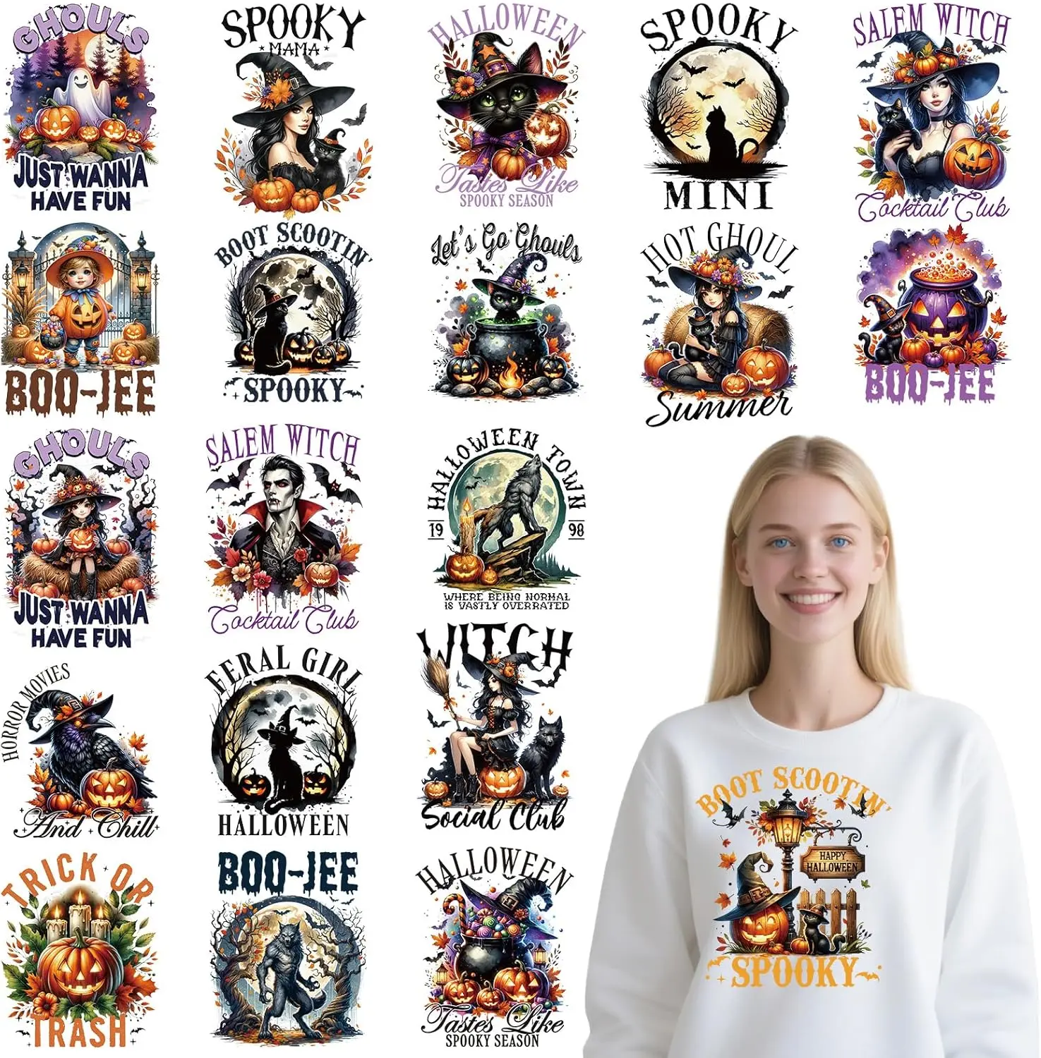 Dtf Transfers Ready to Press - 20 count Halloween Iron on Patches for T-Shirts, Black  Pumkin Bat  Heat Transfer Designs Vinyl Stickers, Iron on  for DIY Clothes