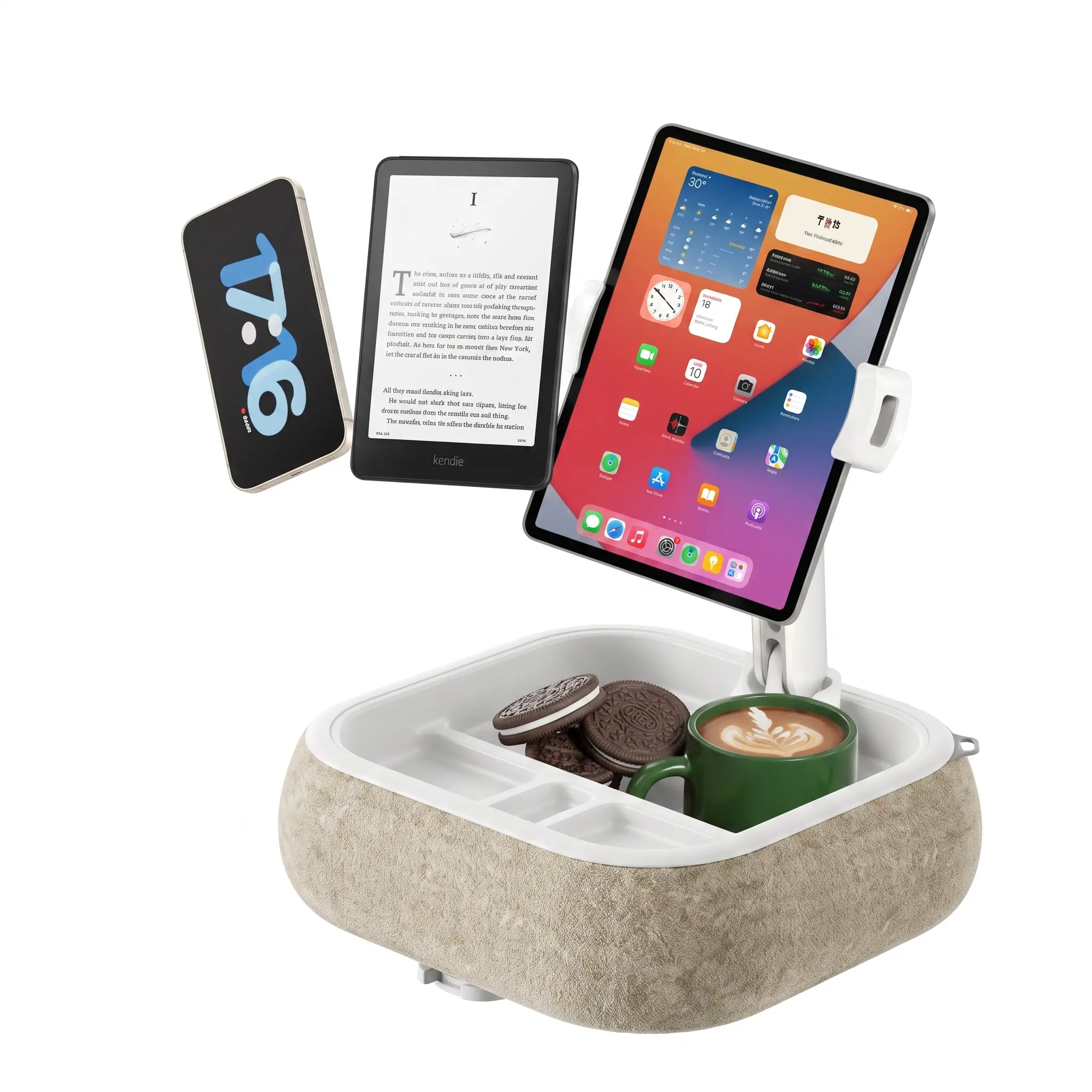SnackNStream 360° Rotate Tablet Stand with Snack Tray, Adjustable Smartphones/Tablets Holder for Bed & Sofa, Hands-Free Accessory for Reading Movies Gaming, Includes Covers, 2-in-1 Indoor-Outdoor Home Essential