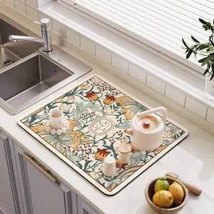 Kitchen Countertop Absorbent Pad, Super Absorbent Diatomaceous Earth Kitchen Mat, Non-Slip Rubber Backing Quick-Drying Floor Pad, Easy to Clean Durable Multi-Purpose Bathroom & Kitchen Boho Floral Rug, Eco-Friendly Essential Household Item
