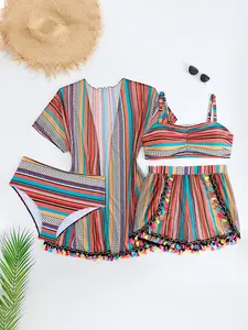 Plus Size Bikini Swimsuit Set, Ruched Top & Geometric Pattern Bottoms, Multicolor Fringe Front Cover & Shorts, Summer Beachwear