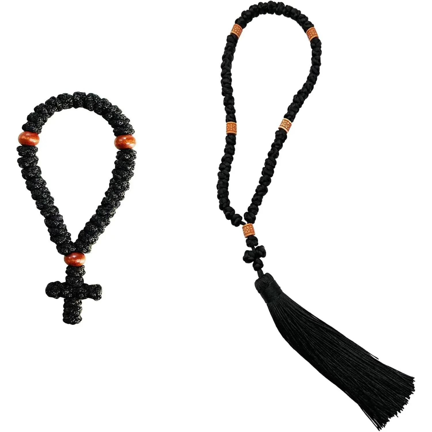Christian Orthodox Prayer Rope Set, 2-Piece Handmade Black Synthetic Chotki with 50 & 33 Knots, Blessed Cross & Tassel Charms, Two Piece Set