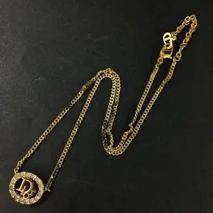 Pre-owned Christian Dior Logo Rhinestone Gold Tone Pendant Necklace 11544198095/982124