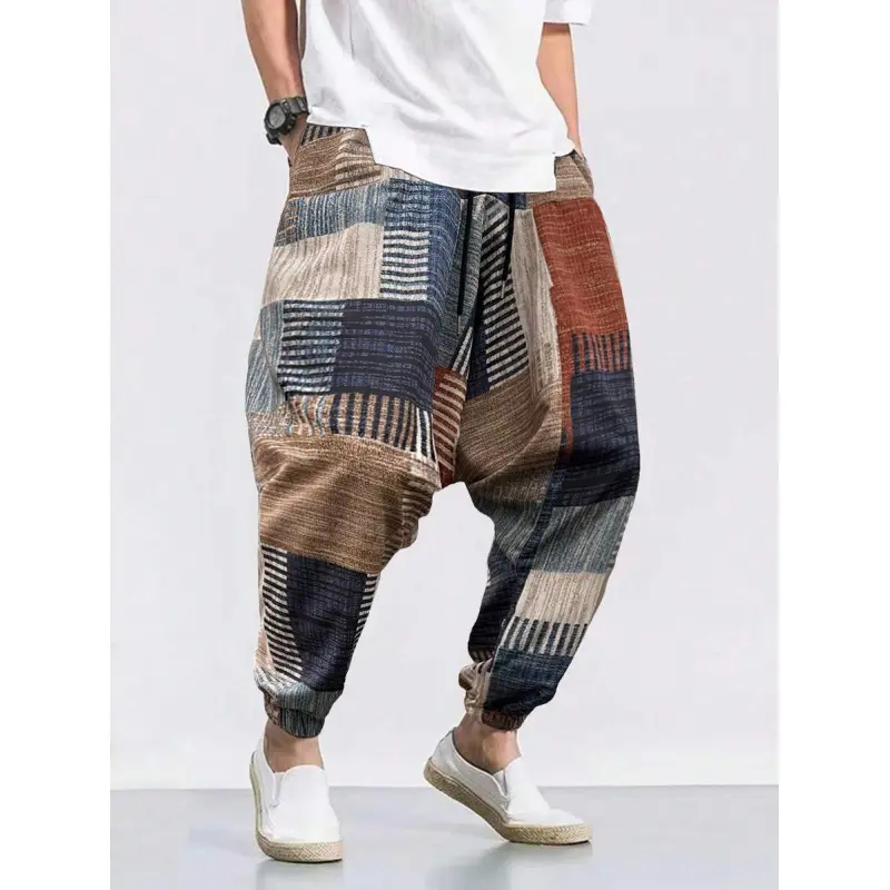 Men's casual loose plaid patchwork harem pants, navy blue, summer, bohemian style, holiday, vacation, holiday hip-hop harem pants, color-blocked printed lantern pants