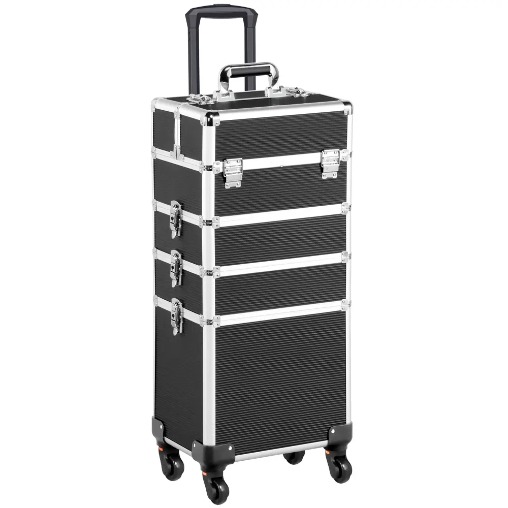 Costoffs Professional 4-in-1 Rolling Makeup Train Case - Large Aluminum Cosmetic Trolley Organizer with Removable Wheels, Plastic Accents, Makeup Containers, Travel Bags for Travel & Storage