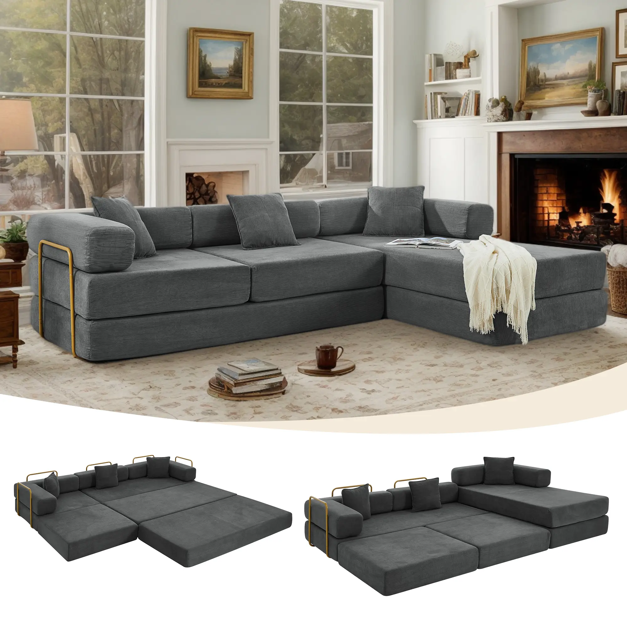 【2 Packages Shipping】Eyisean 108" Futon Convertible Sofa Bed, Modular Sectional Sofa, Boneless Couches for Living Room, Floor Sofa Bed & Mattress, Free Combination, No Assembly Required,  Oversized Corduroy Pull Out Bed for Apartment, Guest Use