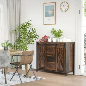 Brown Buffet Cabinet Kitchen Sideboard with Sliding Barn Doors – Rustic Farmhouse Console Table Featuring Spacious Interior Shelves – Versatile Dining Room Server for Organizing China, Glassware & Table Linens – Perfect as a Living Room TV Stand