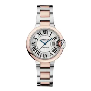 Cartier Ballon Bleu 33mm W2BB0023 Automatic Two-Tone 18K Rose Gold and Stainless Steel Silver Guilloche Dial Ladies / Midsize Watch WHP042117