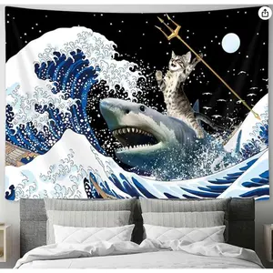 Funny Cat Tapestry, Cute Cat Riding Shark Wall Tapestry Ocean Wave Tapestries, Japanese Wave Wall Art for Bedroom Dorm Living Room Home Decor-