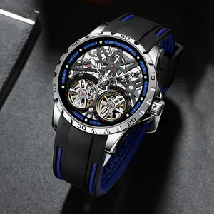 Men's Watch Silicone Strap Waterproof Skeleton Luminous Double Tourbillon Casual Fashion Tide Automatic Mechanical Wristwatch