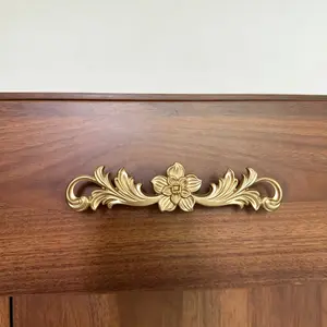 Elegant Brass Cabinet Handle, Vintage European Neoclassical Style, Polished Finish, Floral Pattern, Includes Installation Hardware