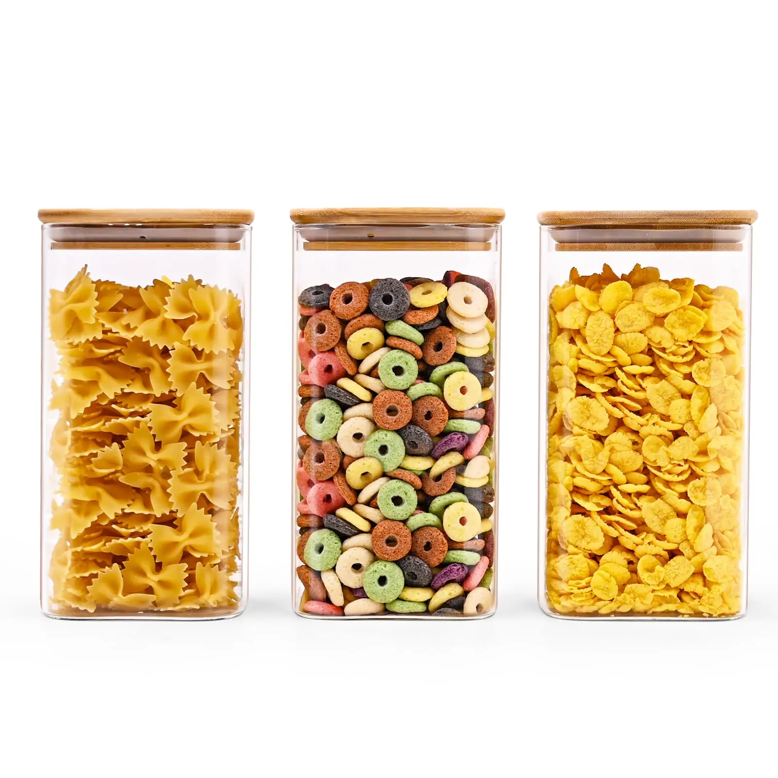 Glass Food Storage Jars Square 44oz  3 Pack With Lids Kitchen Containers For Spice Candy Cookie Pantry Organizers