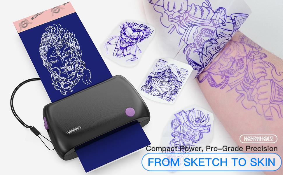 Wormhole Mini Tattoo Stencil Printer - Wireless Bluetooth with 1200mAh Battery Portable Thermal Copier Machine Compatible with Smartphones & PC Cordless Ink-Free Printing Clear Images