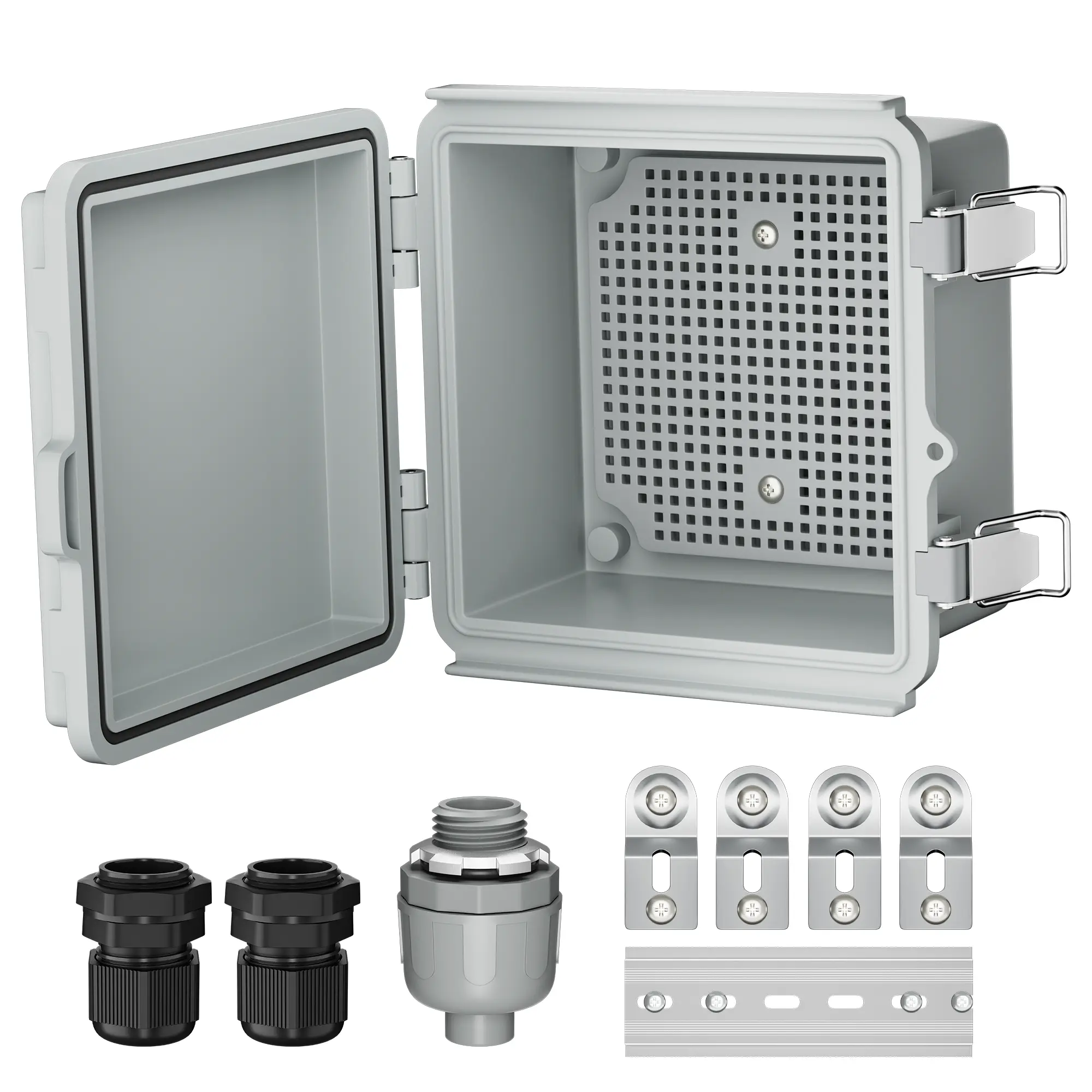 Eunik Waterproof IP67 ABS Plastic Outdoor Electrical Box, 6x6 Project Enclosure with Stainless Steel Hinge, Latch & Cable Glands for Solar & Marine Motorcycle Electronics