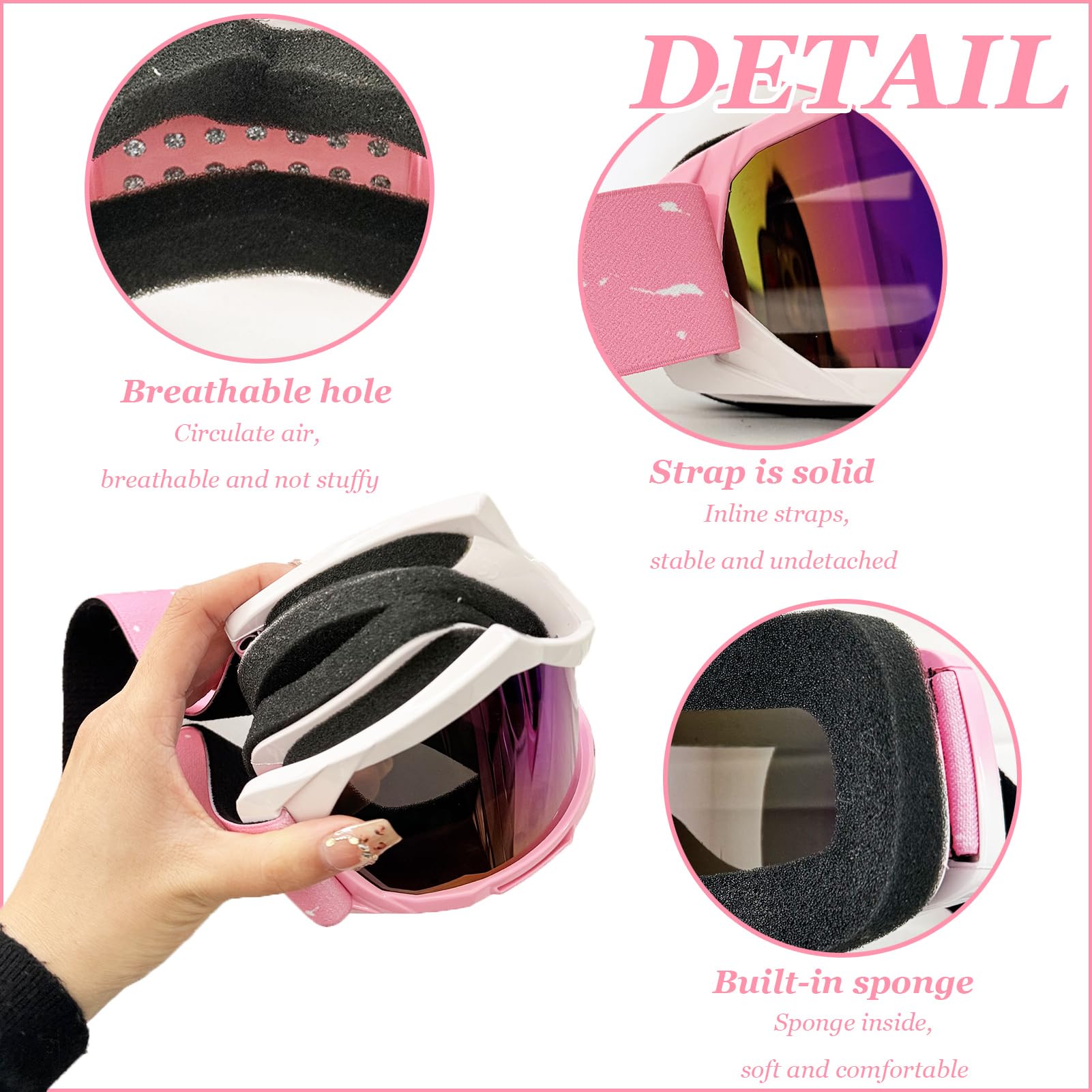 Pink Aesthetic Ski Goggles, UV Protection Anti-Fog Snowboard Goggles, Wide View Motocross Goggles For Women Teenagers Adult