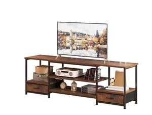 63" TV Stand for 75" TVs, Media Console with Built-In USB, Type-C & AC Charging Station, Entertainment Center with Storage Shelves and Fabric Drawers, Rustic Brown