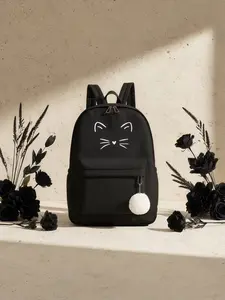 Cat Face Print Backpack, Adjustable Shoulder Straps, Zip Closure, Nylon Material, Casual Style, All Seasons Use