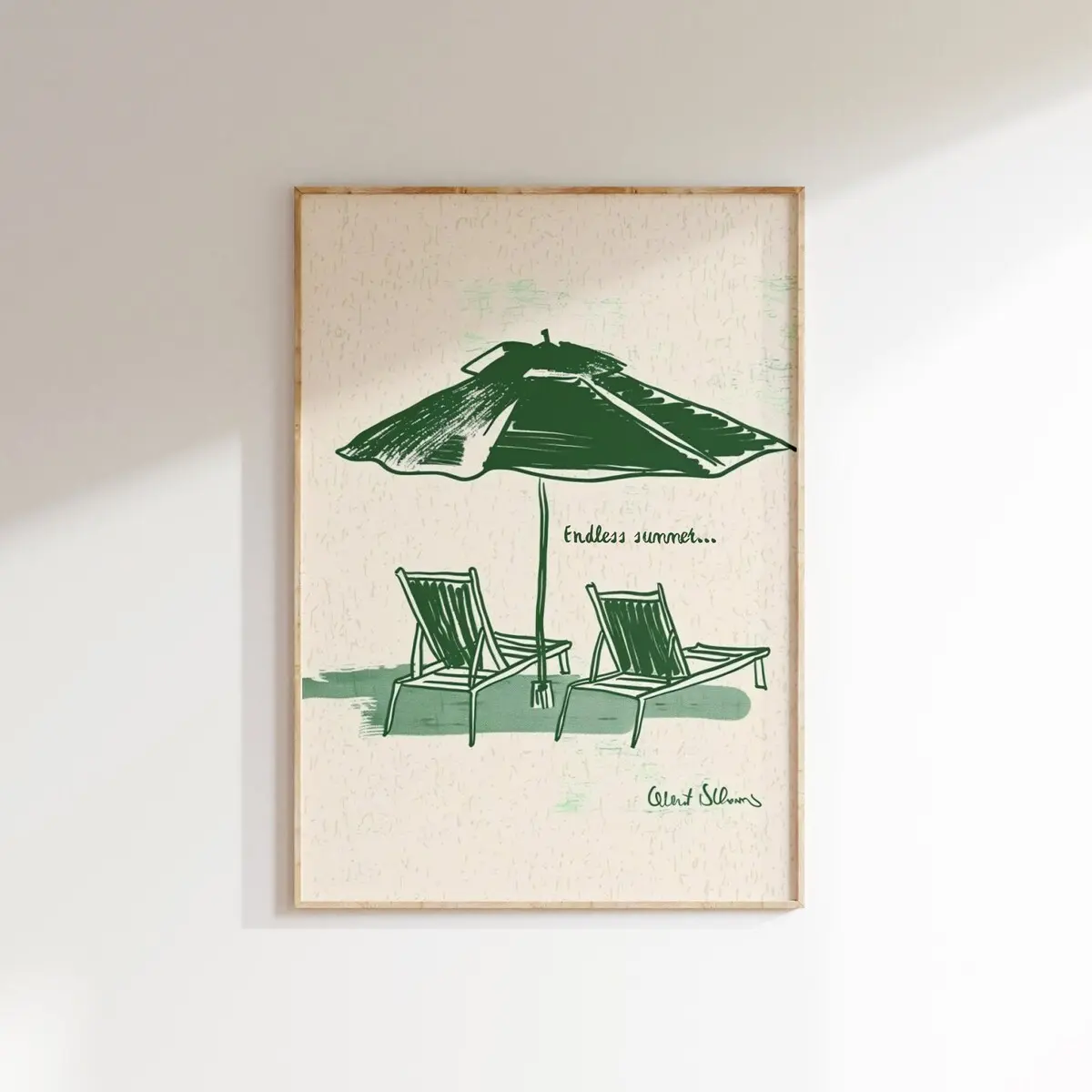 Retro Endless Summer Poster, Sun beds and Umbrella Print, Green Wall Decor, Minimalistic Summer Wall Art, Summer Quote Print, Trendy Print, Unframed