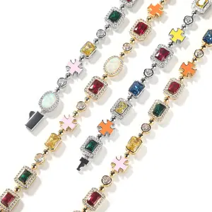 Colorful Zirconia Hip Hop Personalized Design Set Bracelet Necklace Premium Feeling Opal Colorful Gemstone Necklace Jewelry unisex hip hop necklace jewelry men