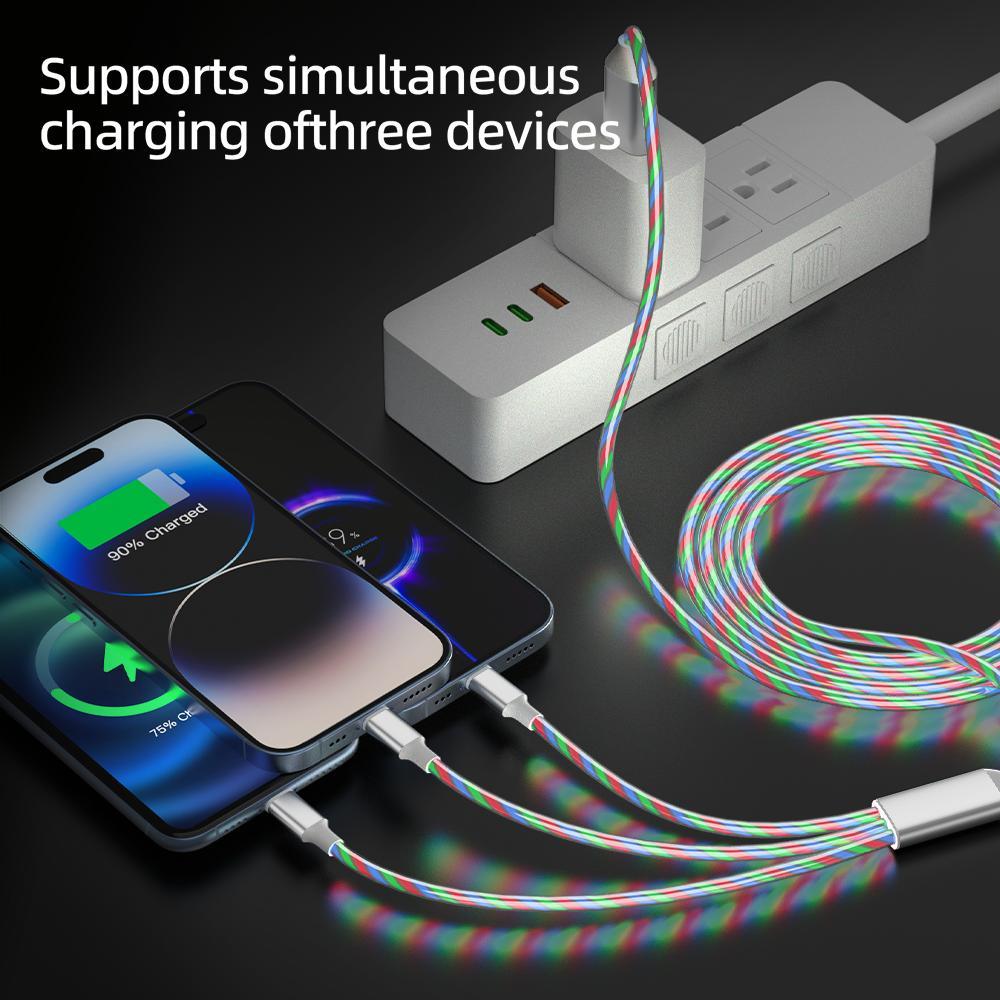 2 Packs 3-in-1 LED Glow Charging Cable, Flowing Light USB Cable, Universal 3 in 1 Charger Cord with USB C/Micro USB/Lightning, Compatible for iPhone Android Phones