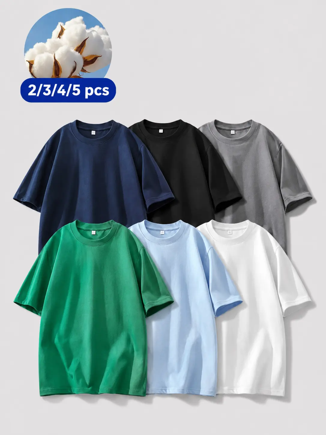 summervibes Men's 2/3/4/5PCS 100% Cotton Shortsleeve Round Neck T-Shirts Set - Soft Loose Fit Black+White+Navy Blue+Powder Blue+Gray Menswear Tees, Breathable Fabric for Casual Daily Wear, Tshirt, Casual Wear