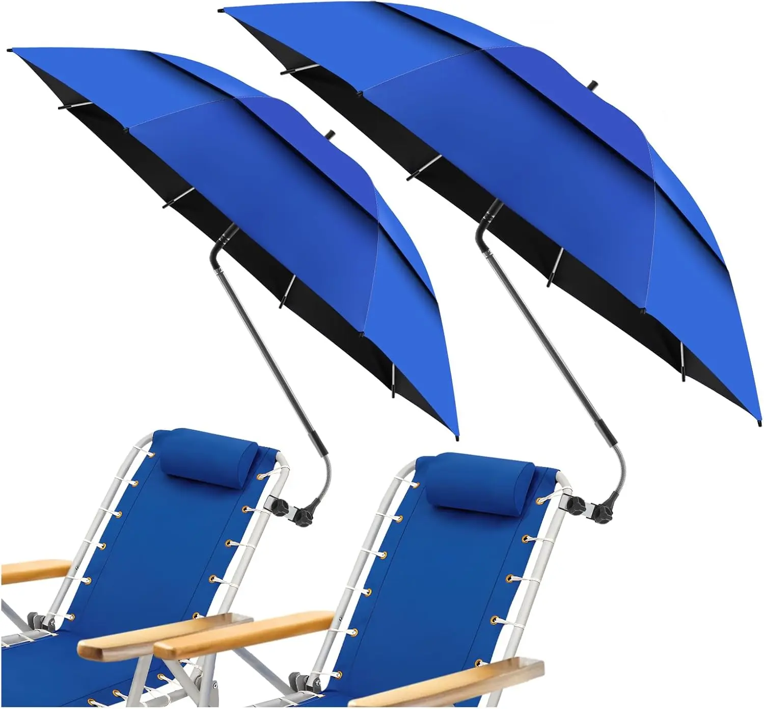 2-Pack 48.6in Vented Double Canopy Beach Umbrella with Clamp - 8-Rib, UPF50+, 360-Adjustable Carbon Fiber Windproof Portable Patio Umbrella, Cooling Effect for 2 People (Chair Not Included), Two People