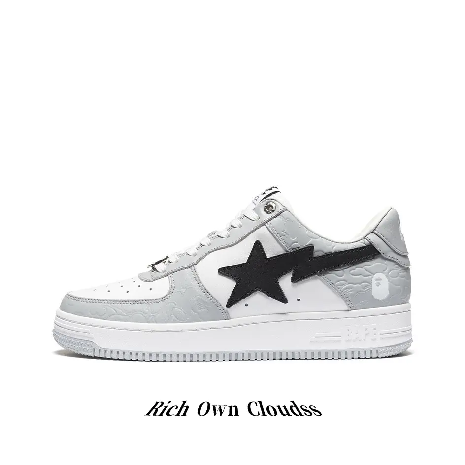 Lightweight Non-Slip Low Cut Casual Trainers, White Grey Embossed Leather Upper Black Star Side Badge White Laces Teen Campus Walking Sneakers