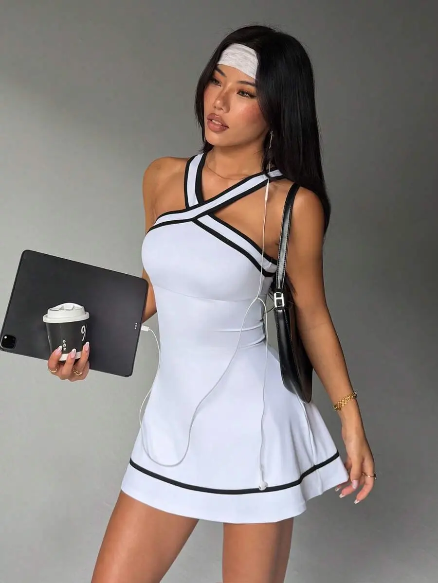 AESS x CourtClass Women's Sleeveless Contrast Color Hollow-Out Racerback Sports Dress With Attached Shorts And Pockets,Black And White,Summer,Athleisure,Workout,Tennis