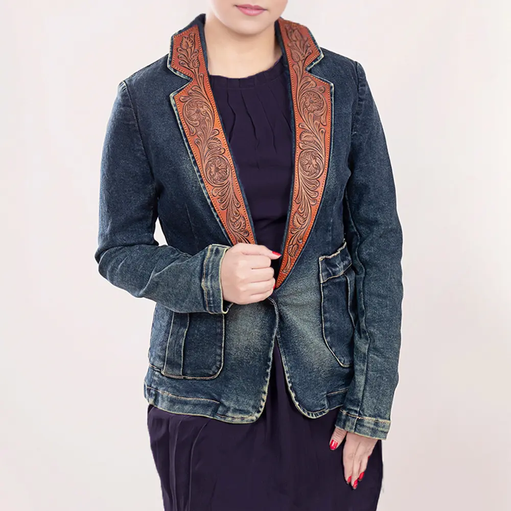 American Darling Genuine leather Hand tooled carved Women 100% cotton Denim Blazer dress jacket | Vintage