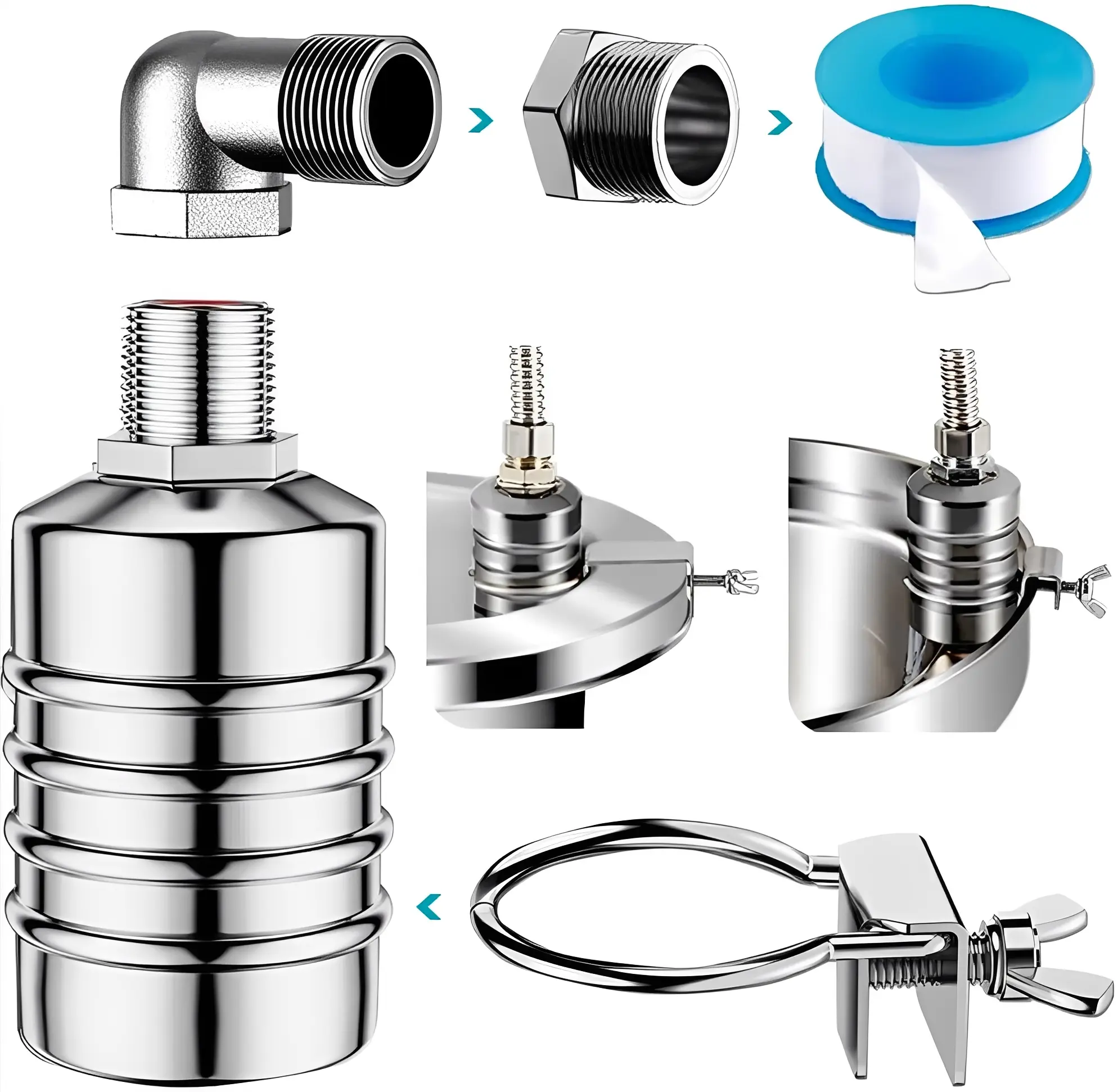 Water Level Control Float Valve Set,304 Stainless Steel Mini Floating Ball Valve,Automatic Water Level Controller for Tank, Pool, Livestock Troughs