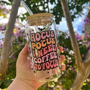 Hocus Pocus I Need Coffee To Focus 16oz Libby Glass Can Cup with Lid and Straw