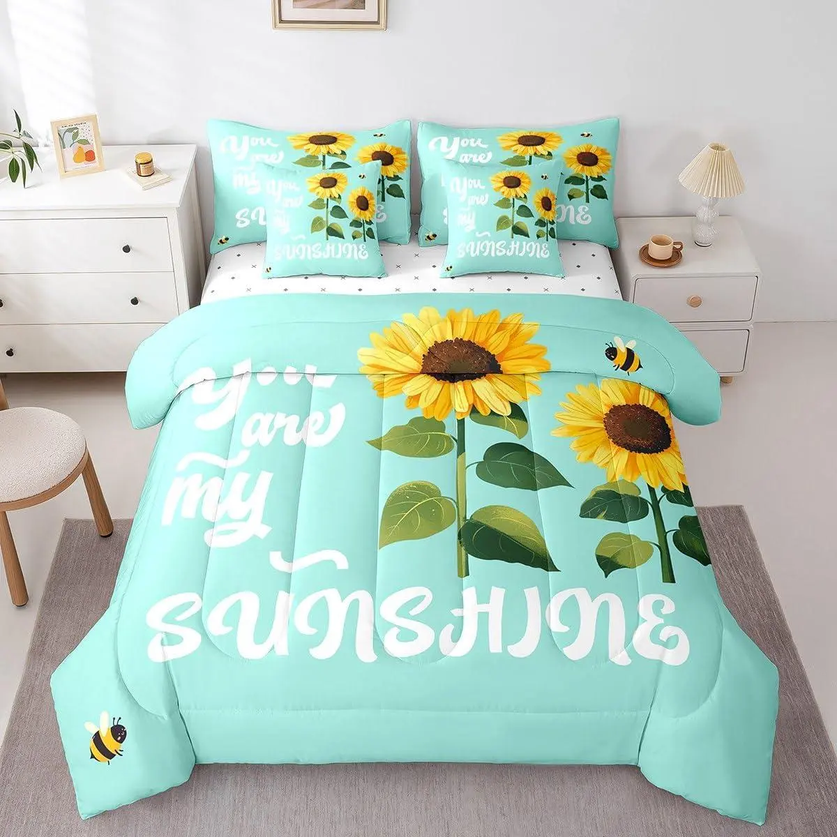 Sunflower 7 Piece Bedding Set,You are My Sunshine Comforter Set for Adult Teens Kids Yellow Yee Floral Sheet Set with Comforter Mint Green Farmhouse Bed in A Bag