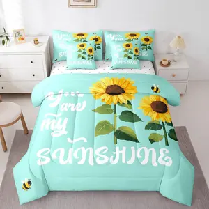 Sunflower 7 Piece Bedding Set,You are My Sunshine Comforter Set for Adult Teens Kids Yellow Yee Floral Sheet Set with Comforter Mint Green Farmhouse Bed in A Bag