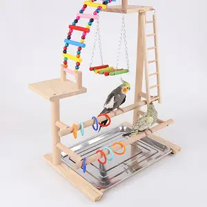 1 Piece Luxury Wooden Parrot Play Stand with Swing, Ladder, Ring, and Climbing Bridge - Multi-functional Bird Perch Toy, Can Be Used for Climbing, Swinging, and Playing - Natural Wood Finish, Colorful Hanging Toy, Sturdy Design Suitable for Active Birds,