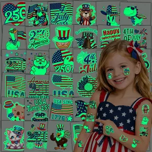 108PCS 4th of July Temporary Tattoos Kids, 250th Anniversary USA Glow in the Dark Fourth of July Birthday Decorations for Patriotic Party Favors, Red White and Blue Accessories Gifts Independence Day