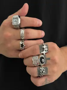 Men's Casual Star-Shaped Ball Clock Ring Set, Stacking Rings, Statement Rings, Retro Trendy Design, Daily Party Wear, Versatile Faux Jewelry Gift for Men