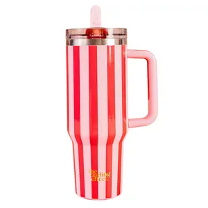 Darling Effect 40 oz Lifestyle Flip Straw Tumbler Peppermint Stripes Triple-Walled Insulation Sturdy Silicone Handle Winter Drinkware