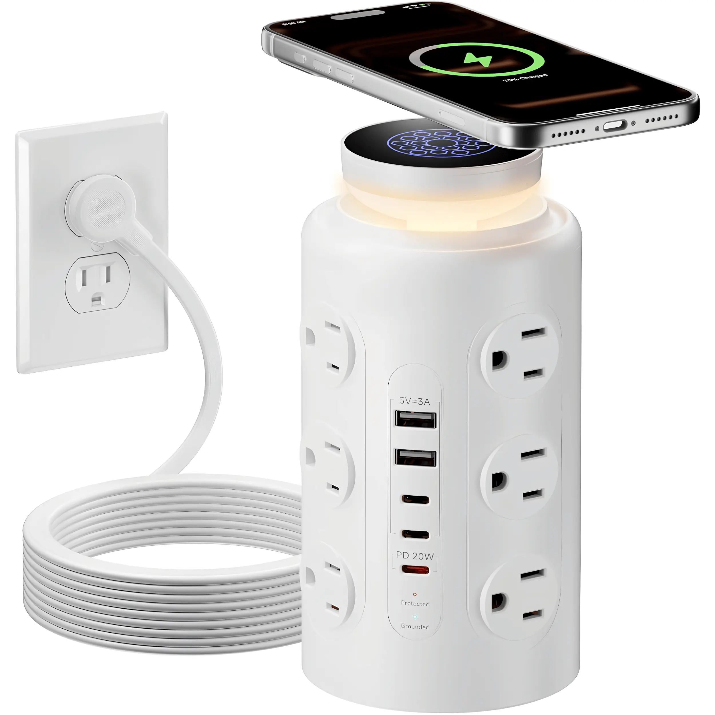 Tower Power Strip with Wireless Charging & Night Light 12 AC Outlets, 5 USB Ports (3 USB C), PD 20W Fast Charging Station, 1800J Surge Protector, 10FT Extension Cord for Home, Office, Dorm & Desktop, White