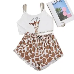 Giraffe White Spaghetti Strap Top & Giraffe Print Pajama Set Nightwear Loungewear Pjs Comfort