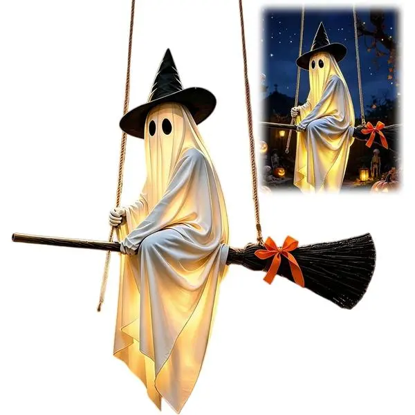 Halloween Flying Ghost with Witch Broom, Large Hanging Swing Ghost Decor with String Lights, Remote Controlled Outdoor Halloween Decor, Spooky Outdoor Decor for Lawn Patio Porch Backyard，White
