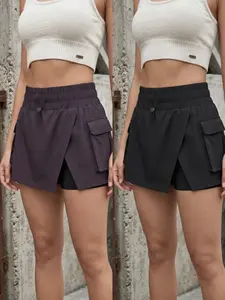 Women's 2-Pack Casual Sporty Layered Shorts Pants, Multi-Pocket Workwear Skirt, Sports Skorts, Solid Pocket Skorts, Ideal for Outdoor Activities, Hiking, Golfing