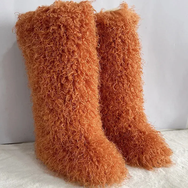 Women's Orange Warm Plush Faux Fur 60cm Long Over Knee Snow Boots
