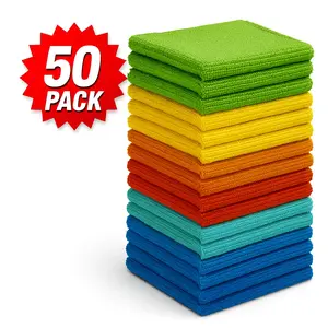 50Pcs 12x12in Premium Microfiber Cleaning Cloths Super Absorbent Lint-Free Reusable for Car Home Kitchen Windows Orange Green Yellow Red Blue