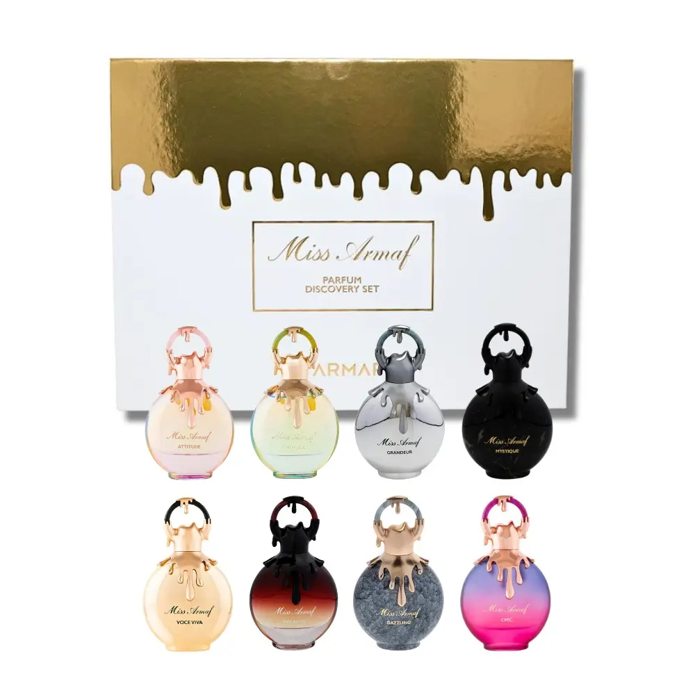 Women's Miss Armaf Fragrance Set - 8-Piece Miniature Aroma Eau De Parfum Collection, 0.17 Oz Each, Wood & Amber Vanilla, Fruit-Floral Mix, Travel-Friendly Gift-Ready Fragrance Sets