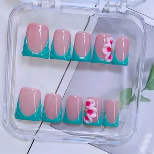 Blue Nails, 3D Floral Nails, Bling Fake Nails,  Sparkling Colorful Rhinestone Accents, 10pcs/Set Glossy Fashion Handmade Press on Nails, For Women Girls Nail Art, Effortless Press on Nails / Anicure Setf. Duck Nails, Short Nails. Nail Supplie Poly Gel Kit